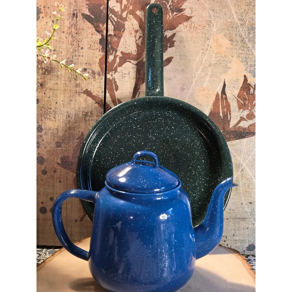 Vintage Jacaman Gift‎ Co Blue Speckled Enamel Teapot and Green Enamel Frying Pan